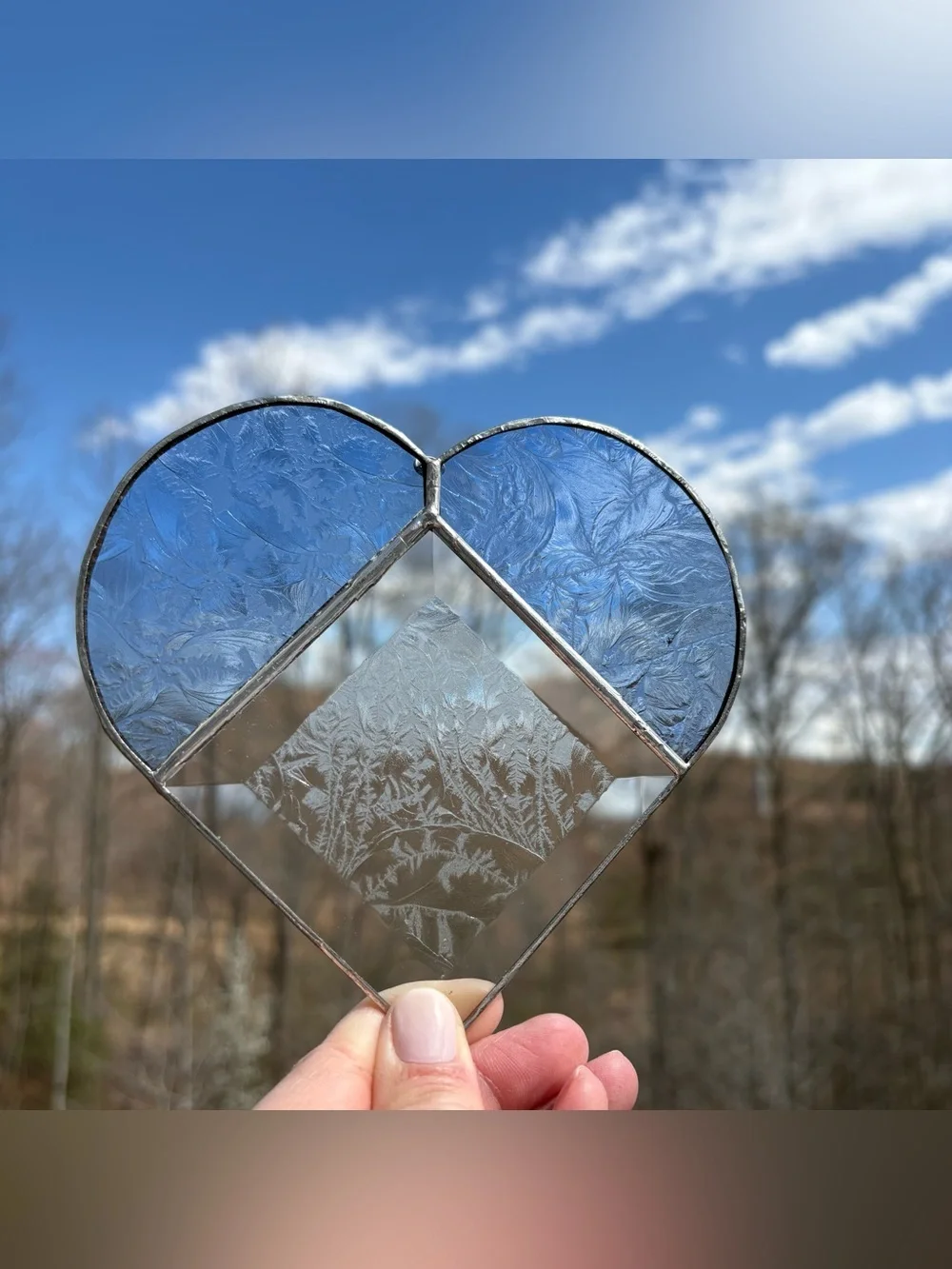 VTG Heart Stained Glass Suncatcher Art Handcrafted Hanging Home Decor Blue White
